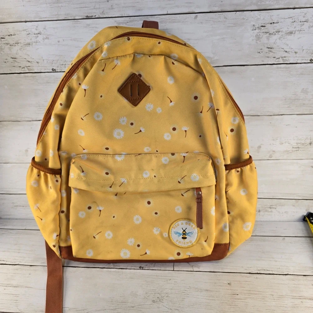 Yellow Daisy Floral Bee A Good Friend Canvas Backpack School Travel Bag